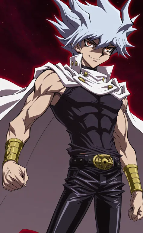 1male,solo,Ryuga,silver hair,spike hair,short hair,amber eyes,White cape,black toptank,leather pants,smirk,muscle,Yugioh Dark Side Of Dimensions Style