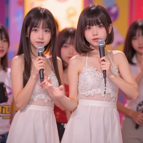 cute lori, lori,Surreal,high resolution,best quality,8k,Delicate Details,(14 years old),(halter dress),watching viewers,depth of field,Full_body_shot,from_superior,Karaoke,twins,