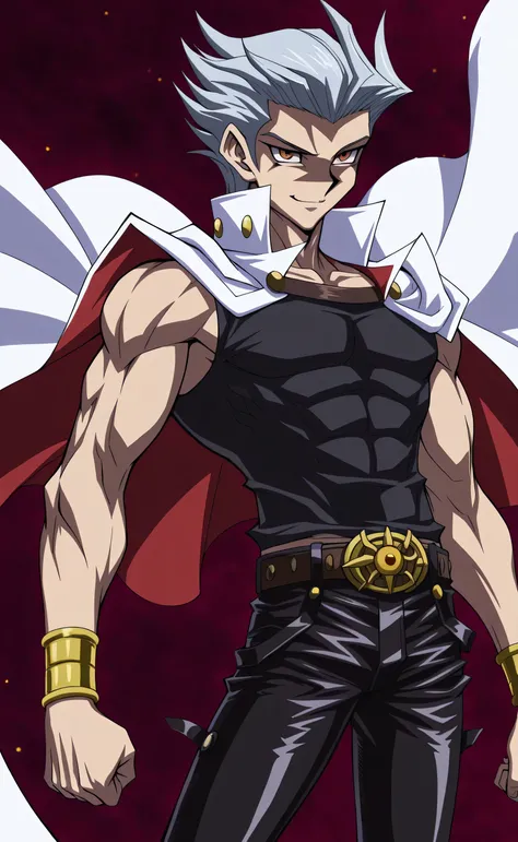 1male,solo,Ryuga,silver hair,slicked back hair,short hair,amber eyes,White cape,black toptank,leather pants,smirk,muscle,Yugioh Dark Side Of Dimensions Style