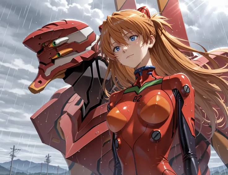 (masterpiece,best quality,amazing quality:1.2),very aesthetic,absurdres,highres,newest, ray tracing, <lora:dark:0.6>, 8k, souryuu_asuka_langley, bodysuit, solo, upper-body, detailed background, facing_up, wet, head up, grey sky, rain, light smile,blurry ba...