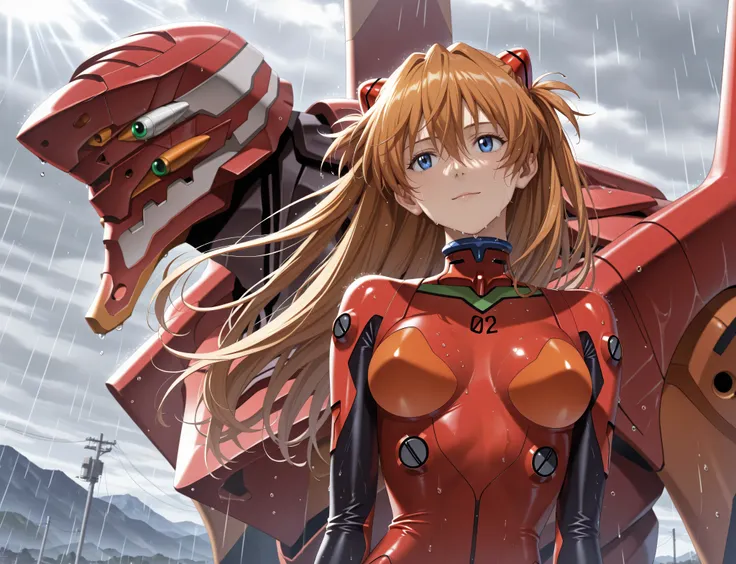 (masterpiece,best quality,amazing quality:1.2),very aesthetic,absurdres,highres,newest, ray tracing, <lora:dark:0.6>, 8k, souryuu_asuka_langley, bodysuit, solo, upper-body, detailed background, facing_up, wet, head up, grey sky, rain, light smile,blurry ba...