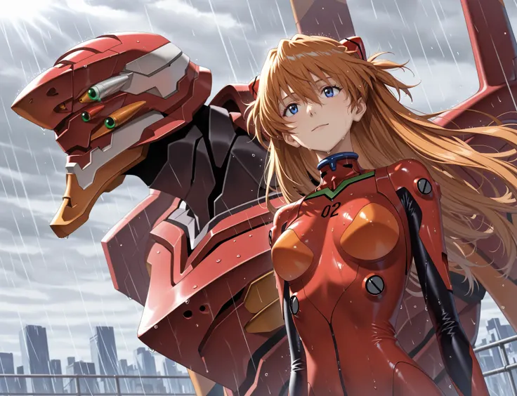 (masterpiece,best quality,amazing quality:1.2),very aesthetic,absurdres,highres,newest, ray tracing, <lora:dark:0.6>, 8k, souryuu_asuka_langley, bodysuit, solo, upper-body, detailed background, facing_up, wet, head up, grey sky, rain, light smile,blurry ba...