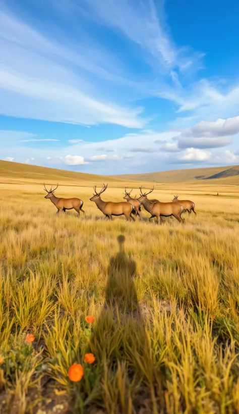 highdefinition images,American red deer living in the plains of America(Wapiti)、walking on the prairie with Yu々in a group of 4