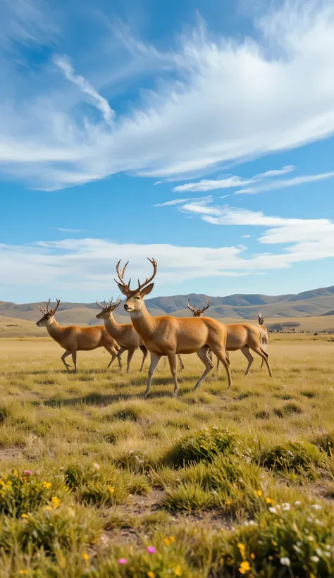 highdefinition images,American red deer living in the plains of America(Wapiti)、walking on the prairie with Yu々in a group of 4