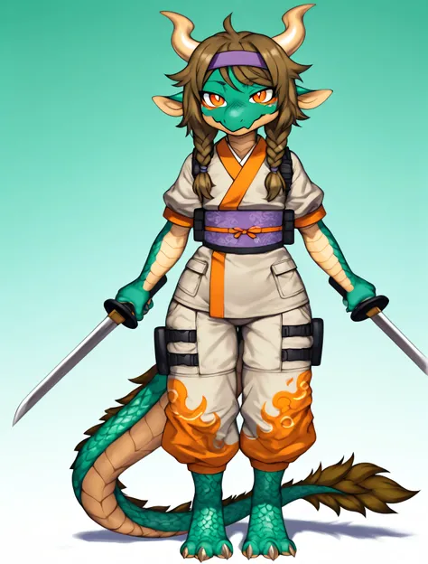 anthro fantasy anime female dragon demi-human with long messy (Brown hair tied back in a braid with 2 orange mythril thunderbolt horns protruding from both sides of the head) on each side) and more (human face with a dragon tail with a tuft of orange fur o...