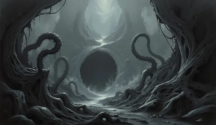 A bottomless pit deep underground, tentacles coming out of the pit writhing in all directions, very dark, shadows, darkness, hazy mist, Lovecraftian horror, high detail, masterpiece.