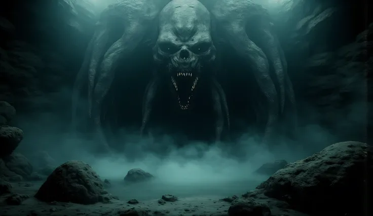 A bottomless pit on the floor deep underground, tentacles coming out of the pit writhing in all directions, very dark, shadows, darkness, hazy mist, Lovecraftian horror, high detail, masterpiece.