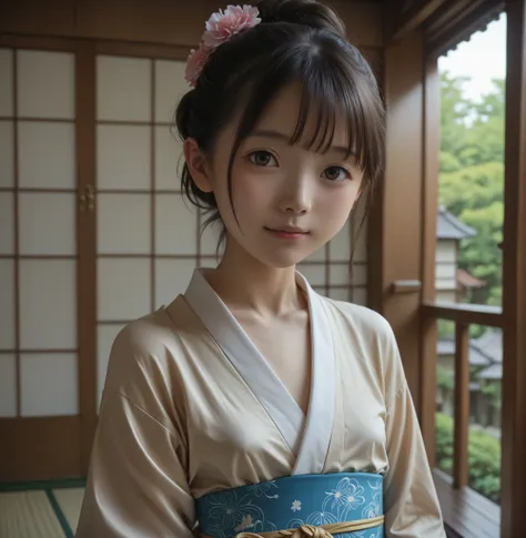 delicate,(( top quality)), ((masterpiece)), ( details), Narrow shoulders, Kimono, Japanese, brown eyes,coming-of-age ceremony,skinny,slender,short,slender body,younger,かわいいyounger女の子, small breasts,Narrow shoulders, realistic, Japanese,(smile:0.5)