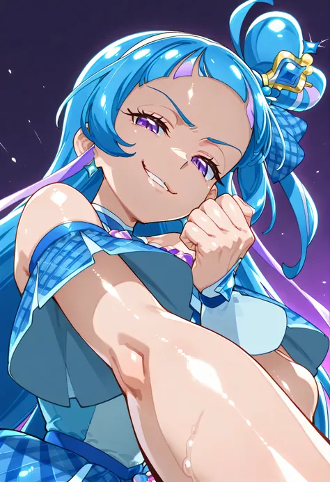 、  look down、from below、 BREAK、cure ink 、Cure Winx  、idol you and idol Pretty Cure blue hair、Magical Girl、 mini crown、PURPLE EYES, blue dress ,Angled hat,Very Long Hair,sober bang,Bareshoulder,Headband,,,nsfw,(Smirk:1.8),obscene,top quality,very detailed i...