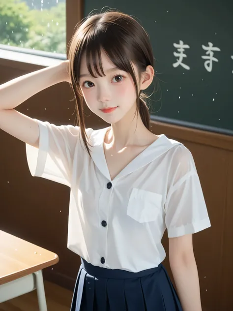 かわいいyounger女の子,Slender,score_7_up ,score_8_up ,score_9,short,(skinny:1.5),Slender,thin body,(younger:1.3),cute face,wearing a dark blue breasted skirt she is on driftwood, Bra、Not wearing  ,realistic,shot from above,Make your armpits visible、turn her hands...