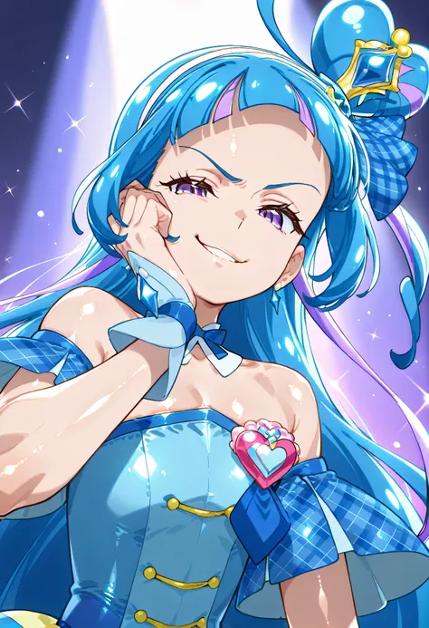 、  look down、from below、 BREAK、cure ink 、Cure Winx  、idol you and idol Pretty Cure blue hair、Magical Girl、 mini crown、PURPLE EYES, blue dress ,Angled hat,Very Long Hair,sober bang,Bareshoulder,Headband,,,nsfw,(Smirk:1.8),obscene,top quality,very detailed i...