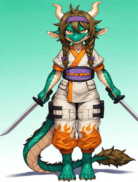 anthro fantasy anime female dragon demi-human with long messy (Brown hair tied back in a braid with 2 orange mythril thunderbolt horns protruding from both sides of the head) on each side) and more (human face with a dragon tail with a tuft of brown fur on...