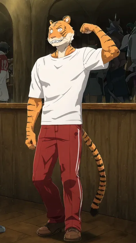 masterpiece, best quality, Incredible quality black mane, very aesthetic, absurdres, newest,  high quality, detailed, BillBeaStars , a boy, eyes, anthropoid, Bengal tiger, wide shoulders, brown eyes, muscular eyes, athletic build, orange fur,  black stripe...
