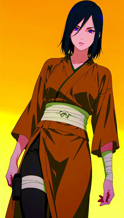 (((IZUMI NASE)))) walking confidently through a war field. The art style should closely match that of Naruto or similar shounen anime, with clean linework and soft shading. ((Solo)) wearing an traditional kimono with layered leg accessories (bandages, thig...