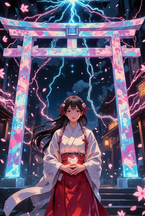 photorealistic cyberpunk illustration, upper body portrait of a young futuristic shrine maiden (miko) with long flowing black hair tied with glowing red cyber ribbons, wearing an advanced high-tech shrine maiden outfit with metallic red and white fabrics, ...