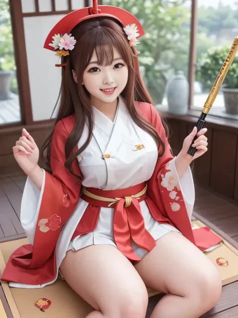 (top quality)、masterpiece、hyperrealism、princess who sits with her legs open in an m shape、
Shrine Maiden Cosplay、Oiran 、Long-sleeved kimono、Flower Helmet、Beam Rifle、Armament、battle scene with green onions、
Taken with X-T4,85mm,blurry background,
featuri...