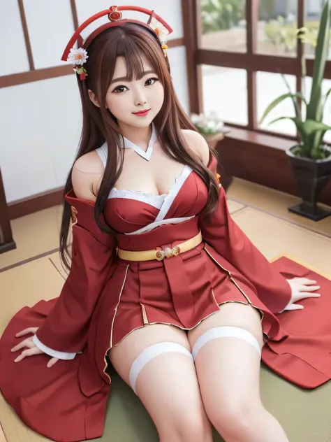 (top quality)、masterpiece、hyperrealism、princess who sits with her legs open in an m shape、
Shrine Maiden Cosplay、Oiran 、Long-sleeved kimono、Flower Helmet、Beam Rifle、Armament、battle scene with green onions、
Taken with X-T4,85mm,blurry background,
featuri...