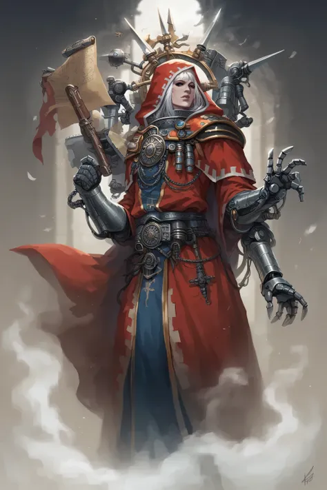 Adeptus Mechanicus ,
 check_9, check_8_up, check_7_up, white hair, dark makeup, adeptus mechanicus techno priestess, (Goth girl), (1 girl), in a red robe with a hood, red robe, tech priest, mechanical joints, Additional eyepieces on the head, red sparkling...