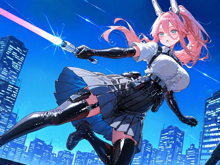 1 girl　黒い髪　voluminous ponytail hair　Cool Gaze  　Voluminous Lashes　Black pleated long skirt　white blouse　(Black mechanical bunny girl ear)　black latex long gloves　beam saber　Sword of Light　military harness　bullet pouch　Night Building Background　Cyberpunk At...