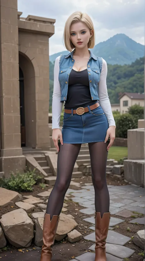 (One girl),  (Android 18), (Her body and eyes face forward), ((She sat on the steps of the driveway outside the building and lifts one side of her denim mini skirt)), ((Intentionally holding the hem of the skirt with the one hand and pushing it up)), ((Her...