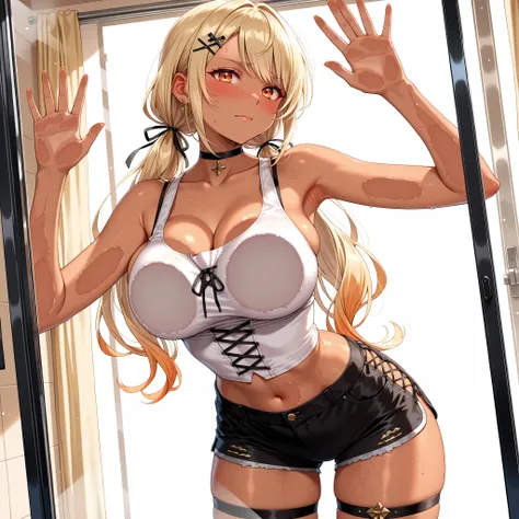 solo,masterpiece,best quality, masterpiece, Super detailed,High resolution,Extremely detailed CG,QpiCos1 dark skinned female, orange eyes, blonde hair, long hair, low twintail, hair ribbon, hairclip, choker, white shirt, midriff, black shorts, thigh strap,...