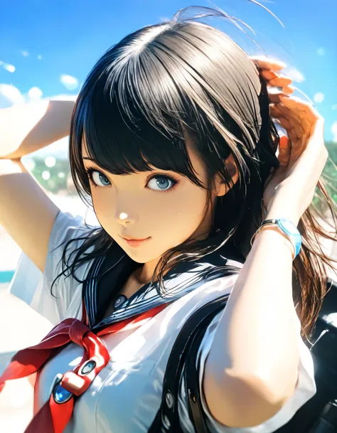 1girl, persona, year 2019, upper body, persona3 reload, summer, blue sky, school uniform, short sleeve shirt, masterpiece, high score, great score, absurdres, 16k, Ultra detailed, (photorealistic : 0.5)