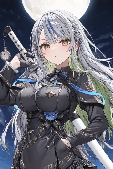 ( top quality , 8k , masterpiece, ),   cute、younger , (1 Girl) ,  Extremely Elaborate Eyes and Faces   , silver hair、lime green inner color  、Golden Eyes、(serious expression：2)   (Black gothic dress style combat suit、body harness to hold the reins、Hang the...