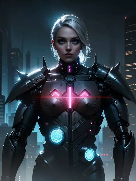 Cybernetic witch, mystical cyborg sorceress, futuristic mage controlling advanced technology, intricate cybernetic details, glowing circuitry, hovering runes, ethereal energy, dark chrome armor, piercing cybernetic eyes, hovering above dystopian cityscape,...