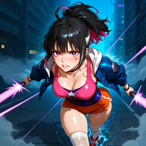high side angle, ((Kyoukai no Kanata art style, standing, character running on the battlefield, character running towards the viewer with a purple blade aimed diagonally, mid-air slashing attack scene, attack details, ultra-detailed action scene):1.12), (u...