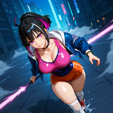 high side angle, ((Kyoukai no Kanata art style, standing, character running on the battlefield, character running towards the viewer with a purple blade aimed diagonally, mid-air slashing attack scene, attack details, ultra-detailed action scene):1.12), (u...
