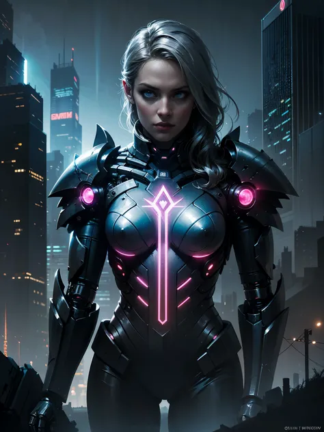 Cybernetic witch, mystical cyborg sorceress, futuristic mage controlling advanced technology, intricate cybernetic details, glowing circuitry, hovering runes, ethereal energy, dark chrome armor, piercing cybernetic eyes, hovering above dystopian cityscape,...