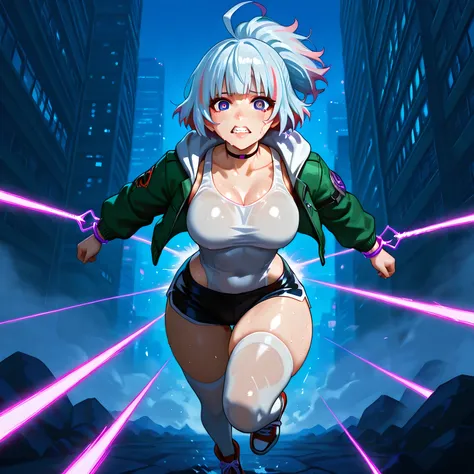 extreme_low_angle, ((Kyoukai no Kanata art style, standing, character running on the battlefield, character running towards the viewer with a purple blade aimed diagonally, mid-air slashing attack scene, attack details, ultra-detailed action scene):1.12), ...