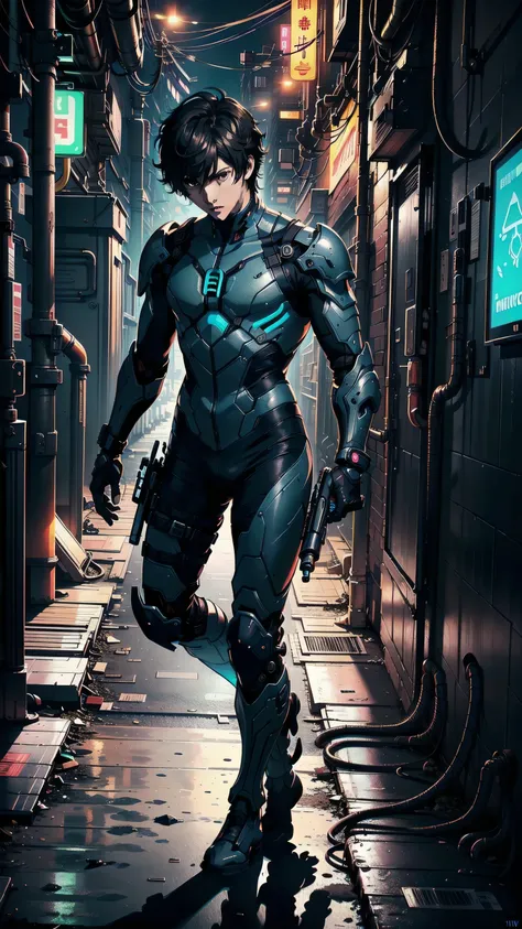 masterpiece, best quality, 1boy, solo, Amamiya Ren, ((male in a military tactical armored suit with a gun, navy blue and neon colors cyber suit armor, Ren amamiya, black brown hair and eyes, 17 teen years old, male, Athletic, handsome)), ((top quality, ult...