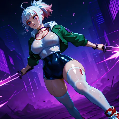 low_side_angle, extreme_close_up, ((Kyoukai no Kanata art style, standing, blood being spat out, blood droplets in the air, character running on the battlefield, character running towards the viewer with a purple blade aimed diagonally, mid-air slashing at...