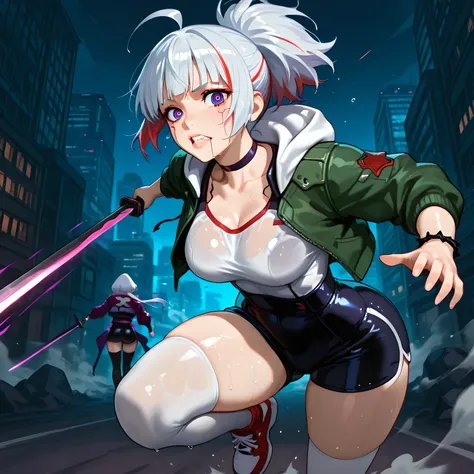 extreme_close_up, ((Kyoukai no Kanata art style, standing, blood being spat out, blood droplets in the air, character running on the battlefield, character running towards the viewer with a purple blade aimed diagonally, mid-air slashing attack scene, atta...