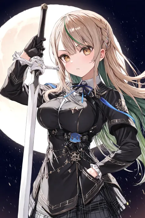 ( top quality , 8k , masterpiece, ),   cute、younger , (1 Girl) ,  Extremely Elaborate Eyes and Faces   , golden hair、lime green inner color  、Golden Eyes、(serious expression：2)   (Black gothic dress style combat suit、body harness to hold the reins、Hang the...
