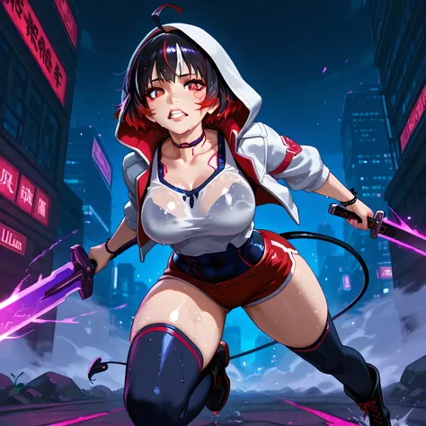 extreme_close_up, ((Kyoukai no Kanata art style, standing, blood being spat out, blood droplets in the air, character running on the battlefield, character running towards the viewer with a purple blade aimed diagonally, mid-air slashing attack scene, atta...