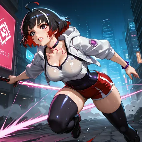 extreme_close_up, full_body, ((Kyoukai no Kanata art style, standing, blood being spat out, blood droplets in the air, character running on the battlefield, character running towards the viewer with a purple blade aimed diagonally, mid-air slashing attack ...