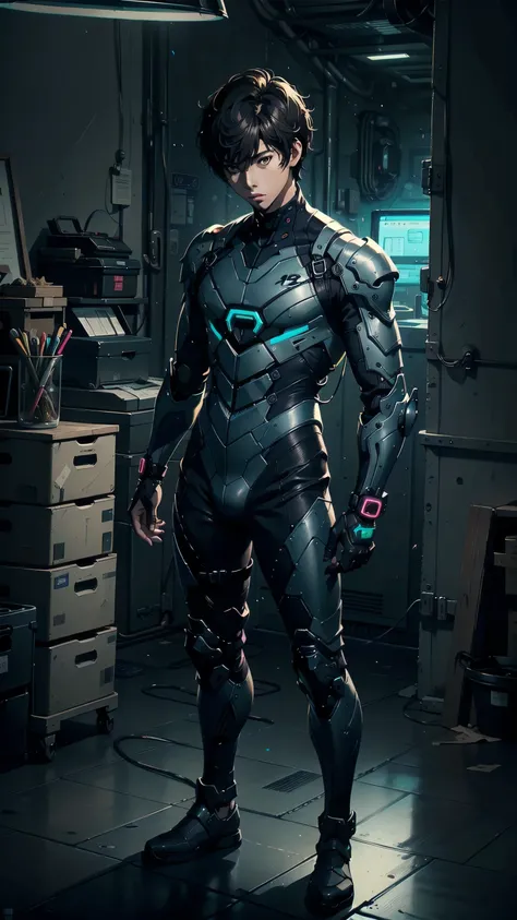 masterpiece, best quality, 1boy, solo, Amamiya Ren, ((male in a military tactical armored suit, navy blue and neon colors cyber suit armor, Ren amamiya, black brown hair and eyes, 17 teen years old, male, Athletic, handsome)), ((top quality, ultra-detailed...