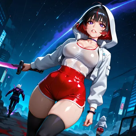 rear_angle, full_body, ((Kyoukai no Kanata art style, standing, woman's point of view, looking at a spaceship, amazing starry sky, with her back to the observer, blood being spat out, blood droplets in the air, character running on the battlefield, charact...