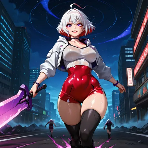 extreme_close_up, side angle, ((Kyoukai no Kanata art style, standing, advancing with the face close to the observer, impact scene, amazing starry sky, with her back to the observer, blood being spat out, blood droplets in the air, character running on the...