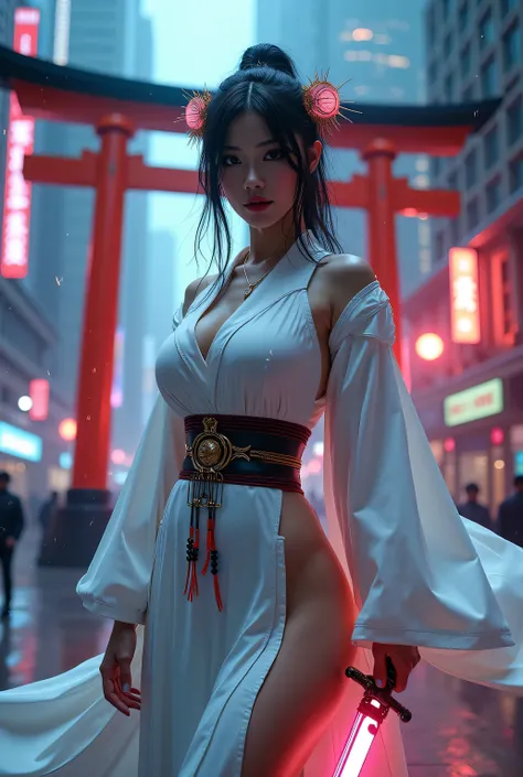 Photo realistic, masterpiece.
The year 2200 in the future, cyberpunk. Fiction, fantasy.
Sorcery effects, technology, magic effects, sorcery effects.
The shrine maiden's costume fluttering in the wind. Luminous Japanese sword. Exorcising evil spirits. Femal...