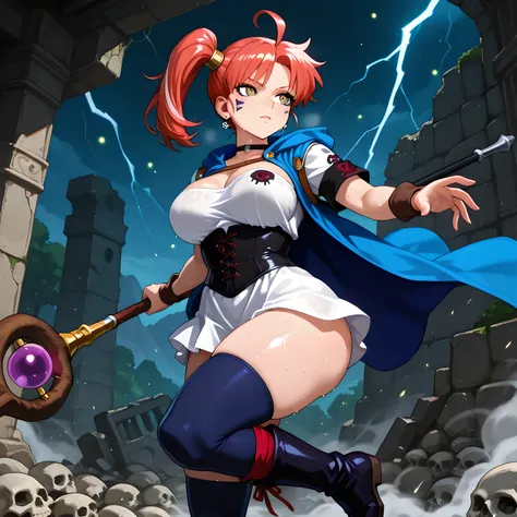 (high_side_angle), ((directing your hands to cast a black magic of spirals, looking at the devastating black magic attack from his magic, attack pressure, epic anime scene, 1woman, solo, in battle pose, black staff with red roots, dark eye present on staff...