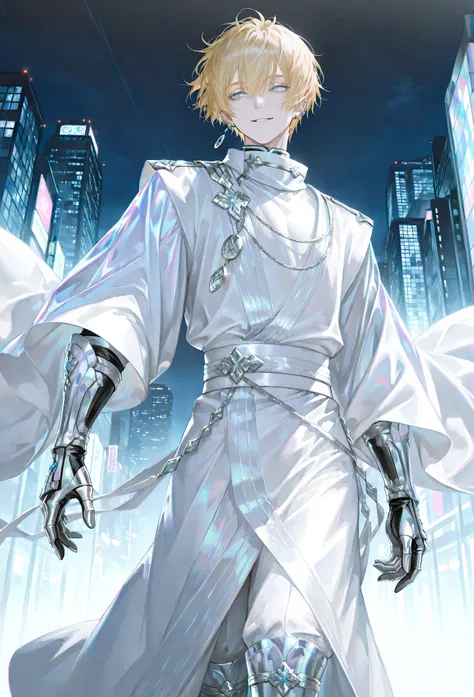 8k, beautiful masterpiece, looking out at the front, alone, pale skin, Perfect Eyes shape, Athletic Build, ((Wears: Pristine White Elaborate Silky Dachang (大氅), White Jade Silver Amulet, Pristine White Sash, Iridescent Silver Monk Gauntlets, Iridescent Sil...