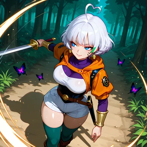 (high_side_angle), ((wind cut, attack pressure, giant wolf advancing against the swordswoman wind cut, attack pressure, giant wolf advancing against the, anime epic scene, 1woman, solo, swordsman in battle pose, drawing sword, movement of sword being remov...