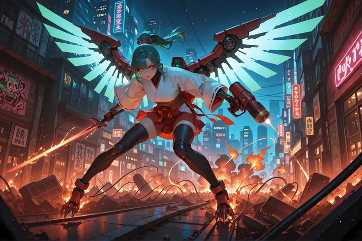 masterpiece, best quality, amazing quality, hyper-detailed, newest, very aesthetic, city, night 1girl, Vannamelon, green hair, ponytail, miko, japanese clothes, chihaya \(clothing\), red hakama short skirt, thighhighs, obi, sash, holding ofuda, looking at ...