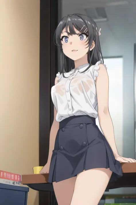 I'm sitting on a chair，sleeveless light blouse，Woman in micro mini skirt，and、can you draw a blackboard with a sharp smile when wet and her nipples can be seen throughをさらに繊細に描いて下さい，dark blue micro mini skirt，white blouse，,even with big breasts and a thin wa...