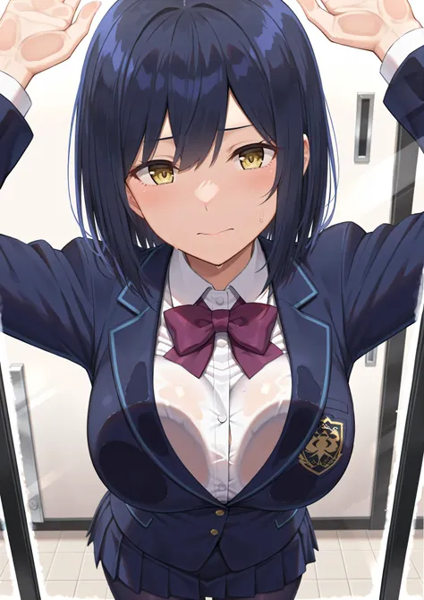 solo,masterpiece,best quality, amazing quality, highres, absurdres, very aesthetic, high resolution, ultra detailed, perfect details,nijirin,medium breasts,yellow eyes,blue hair,black hair,moles,medium hair,nijirincos,white shirt,collared shirt,purple bowt...