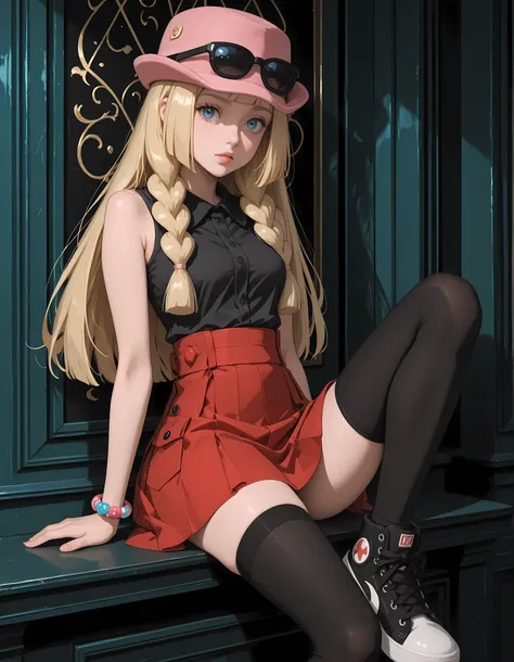 Lillie, blonde hair, long hair, blue eyes, seated. Dressed as Serena, sleeveless shirt, sleeveless black shirt, bracelet, high-waist skirt, red skirt, black thighhighs, sunglasses, pink hat, black sneakers.