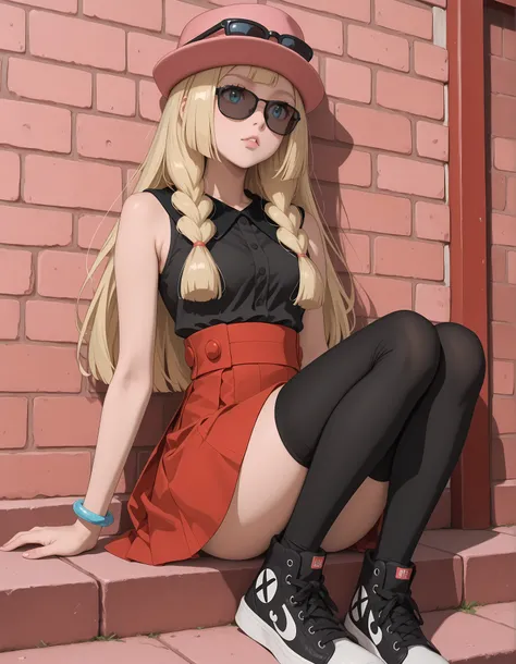 Lillie, blonde hair, long hair, blue eyes, seated. Dressed as Serena, sleeveless shirt, sleeveless black shirt, bracelet, high-waist skirt, red skirt, black thighhighs, sunglasses, pink hat, black sneakers.